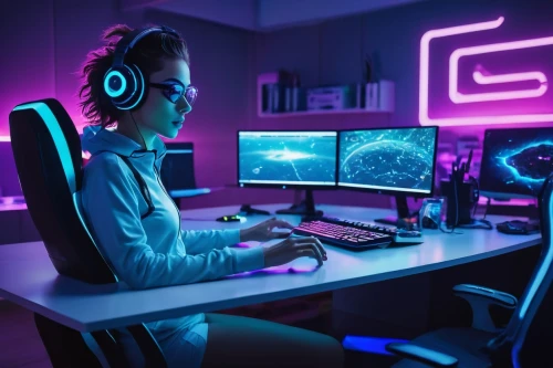lan,gamer zone,computer room,gamers round,girl at the computer,gaming,fractal design,gamer,purple background,connectcompetition,monitors,computer game,gamers,night administrator,pink vector,computer desk,headset,twitch logo,blur office background,computer addiction,Conceptual Art,Sci-Fi,Sci-Fi 04