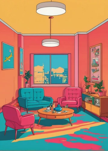 an apartment,apartment,livingroom,the little girl's room,living room,kids room,retro styled,pink chair,room,playing room,aesthetic,bungalow,retro background,mid century,one room,interiors,bedroom,garish,cartoon video game background,apartment house,Illustration,Vector,Vector 19