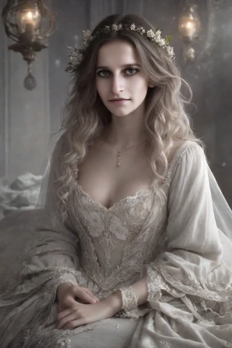 white rose snow queen,jessamine,bridal,bridal clothing,victorian lady,pale,bridal dress,cinderella,dead bride,blonde in wedding dress,wedding dress,silver wedding,wedding dresses,bride,enchanting,romantic portrait,fairy tale character,angelica,white lady,porcelain doll,Photography,Realistic