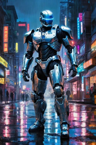 cyberpunk,mecha,steel man,mech,ironman,megatron,cyborg,bot,enforcer,minibot,iron man,terminator,robot,evangelion mech unit 02,sigma,walking man,iron-man,war machine,iron,military robot,Conceptual Art,Oil color,Oil Color 10