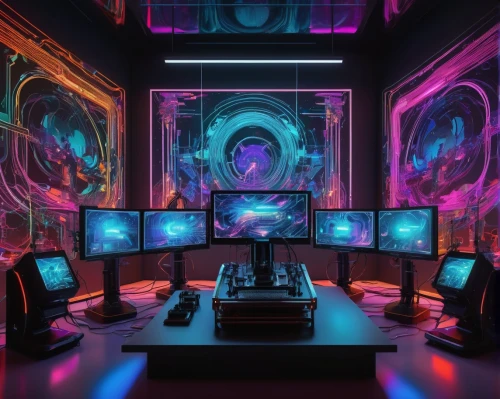 computer room,monitor wall,computer workstation,fractal design,monitors,computer art,computer desk,the server room,ascension,game room,screens,control center,pc,desk,creative office,ufo interior,research station,computer,cyberspace,spaceship space,Illustration,Retro,Retro 03