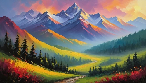 mountain landscape,landscape background,mountain sunrise,mountain scene,mountainous landscape,salt meadow landscape,mountain road,mountains,autumn mountains,mountain meadow,nature landscape,high landscape,mountain range,mountain highway,mountain slope,mountainside,high mountains,painting technique,mountain valley,fantasy landscape,Illustration,American Style,American Style 08