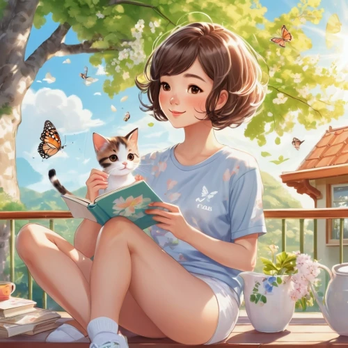 little girl reading,reading,cat's cafe,relaxing reading,girl studying,bookworm,summer day,read a book,tea and books,coffee and books,honmei choco,studio ghibli,author,tea party cat,coffee tea illustration,cat lovers,idyllic,pet,cat mom,cat drinking tea,Illustration,Japanese style,Japanese Style 01