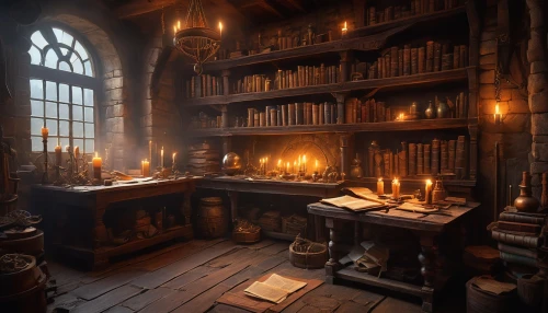 apothecary,candlemaker,bookshelves,study room,potions,scholar,witch's house,dark cabinetry,medieval architecture,reading room,ornate room,writing desk,games of light,collected game assets,old library,bookcase,dandelion hall,medieval,alchemy,hogwarts,Illustration,Realistic Fantasy,Realistic Fantasy 28