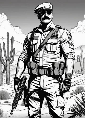 cactus line art,mexican revolution,desert background,game illustration,policeman,french foreign legion,ballistic vest,mono-line line art,coloring page,capture desert,pubg mascot,rifleman,the cuban police,war correspondent,sci fiction illustration,combat pistol shooting,police uniforms,grenadier,desert,sheriff,Illustration,Black and White,Black and White 04