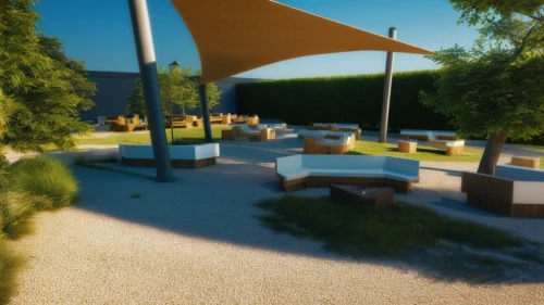 3d render,virtual landscape,3d rendered,urban park,render,3d rendering,benches,beer garden,rest area,beer tables,patio,outdoor table,sculpture park,material test,campsite,town square,depth of field,barbecue area,botanical square frame,terrace,Photography,General,Realistic