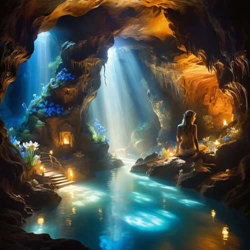 cave on the water,fantasy landscape,cave tour,blue cave,underwater oasis,the blue caves,cave,sea cave,sea caves,blue caves,fantasy picture,pit cave,fairy village,underground lake,wishing well,cenote,3d fantasy,fairy world,underwater landscape,lava cave,Illustration,Realistic Fantasy,Realistic Fantasy 37