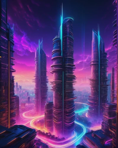 futuristic landscape,cityscape,metropolis,futuristic,skyscrapers,cyberpunk,fantasy city,skyscraper,city skyline,dystopian,vapor,dystopia,skyscraper town,scifi,colorful city,vast,urban towers,city cities,electric tower,the skyscraper,Illustration,Vector,Vector 14