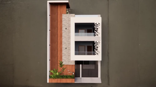 block balcony,wooden facade,3d rendering,window with shutters,build by mirza golam pir,model house,garden elevation,wooden windows,facade painting,residential house,cubic house,an apartment,timber house,shared apartment,slat window,render,facade panels,kitchen block,window frames,inverted cottage