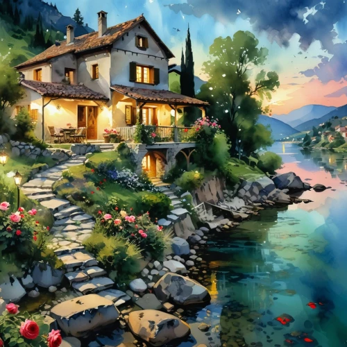house by the water,house with lake,summer cottage,home landscape,house in mountains,cottage,house in the mountains,fisherman's house,idyllic,landscape background,beautiful home,lonely house,alpine village,world digital painting,the cabin in the mountains,idyll,little house,houseboat,private house,boathouse,Photography,General,Realistic