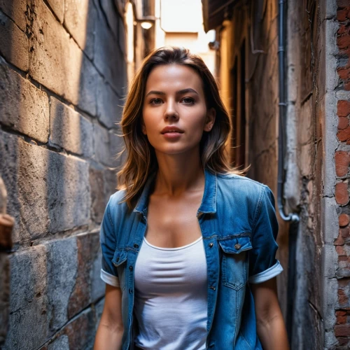 lara,alley,sofia,alleyway,jean jacket,emily,in a shirt,girl in t-shirt,denim,city ​​portrait,brick wall background,nora,attractive woman,denim jacket,maya,terminator,symetra,alley cat,white shirt,girl in overalls