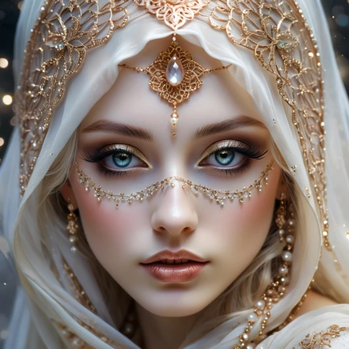 bridal accessory,indian bride,faery,gold filigree,priestess,mystical portrait of a girl,venetian mask,masquerade,fantasy portrait,headdress,bridal jewelry,the angel with the veronica veil,faerie,golden mask,filigree,golden eyes,the carnival of venice,fairy queen,headpiece,bridal,Illustration,Realistic Fantasy,Realistic Fantasy 16