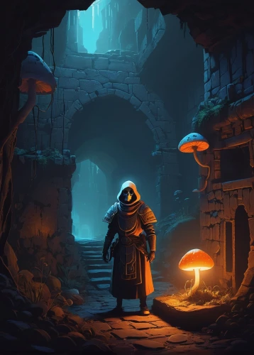 monastery,catacombs,game illustration,monks,dungeons,shopkeeper,dungeon,the wanderer,cloak,game art,underground,adventurer,monk,apothecary,sci fiction illustration,concept art,ancient city,wanderer,peter-pavel's fortress,pilgrimage,Illustration,Retro,Retro 16