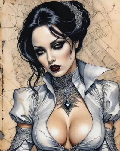 victorian lady,steampunk,vampire woman,fantasy art,princess leia,dita,corset,vampire lady,fantasy woman,chalk drawing,fantasy portrait,bodice,femme fatale,watercolor pin up,breastplate,gothic portrait,fashion illustration,victorian style,gothic woman,game illustration,Illustration,Abstract Fantasy,Abstract Fantasy 05