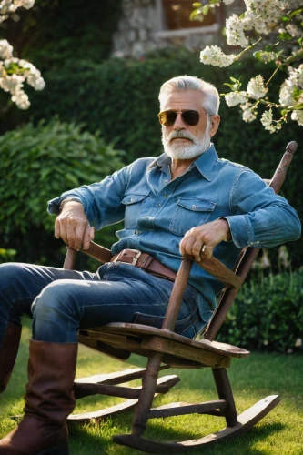 man on a bench,silver fox,elderly man,chair in field,stan lee,white beard,retirement,george lucas,rocking chair,grandpa,carpenter jeans,deckchair,aging icon,floral chair,grandfather,karl,prostate cancer,armchair,men sitting,outdoor bench,Art,Classical Oil Painting,Classical Oil Painting 24