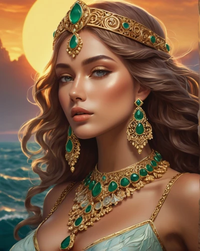 cleopatra,fantasy art,fantasy portrait,ancient egyptian girl,gold jewelry,fantasy picture,gold filigree,celtic queen,mermaid background,anahata,golden crown,diadem,arabian,gold foil mermaid,jasmine,athena,aphrodite,the sea maid,mermaid vectors,radha,Illustration,Japanese style,Japanese Style 16