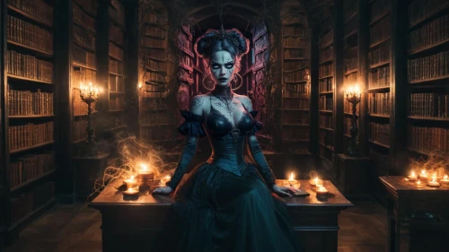 librarian,bookshelves,priestess,vampire lady,the throne,bookstore,sorceress,vampire woman,bookcase,hall of the fallen,throne,vanitas,bookshelf,dark art,gothic portrait,candlemaker,apothecary,fantasy portrait,dark cabinetry,bookshop