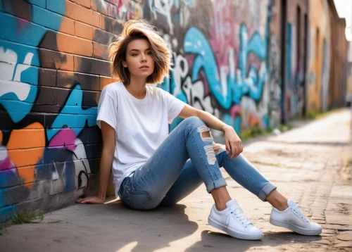 women fashion,women clothes,girl in t-shirt,ripped jeans,jeans background,fashion street,street fashion,high jeans,white clothing,women's clothing,long-sleeved t-shirt,girl sitting,on the street,skater,menswear for women,wallis day,white shirt,female model,jeans,skinny jeans,Conceptual Art,Oil color,Oil Color 08