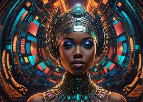 african woman,cleopatra,sci fiction illustration,african art,african american woman,world digital painting,aura,black woman,metropolis,scifi,ebony,echo,andromeda,nairobi,computer art,axum,libra,futuristic,head woman,gemini,Illustration,Realistic Fantasy,Realistic Fantasy 21