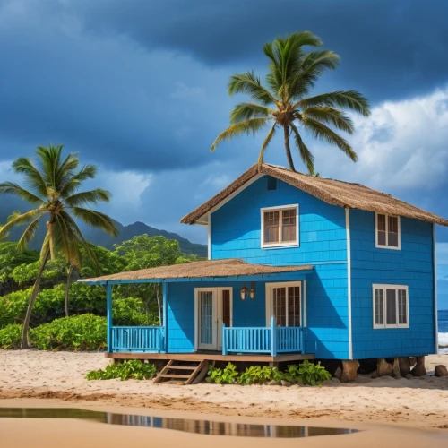 beach hut,tropical house,stilt house,beach house,stilt houses,floating huts,beach huts,house by the water,house insurance,blue hawaii,samoa,kauai,coastal protection,cube stilt houses,beachhouse,seaside resort,coconut palms,coconut trees,holiday home,huts,Photography,General,Realistic