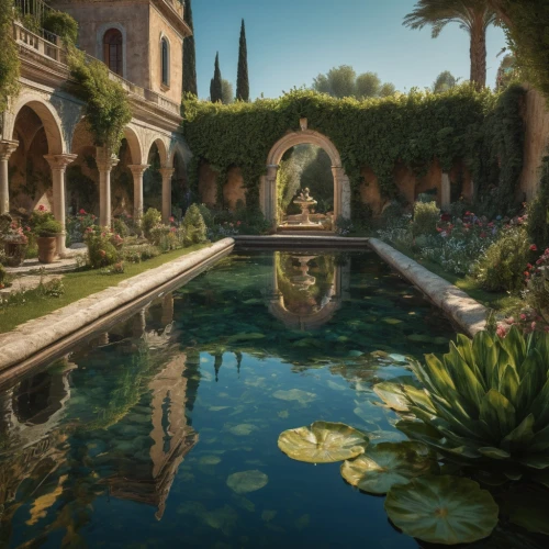 alcazar of seville,secret garden of venus,garden pond,water palace,lily pond,lilly pond,alcazar,alhambra,oasis,fountain pond,garden of the fountain,venetian,marrakesh,underwater oasis,fish pond,water plants,reflecting pool,crescent spring,vizcaya,gardens,Photography,General,Natural
