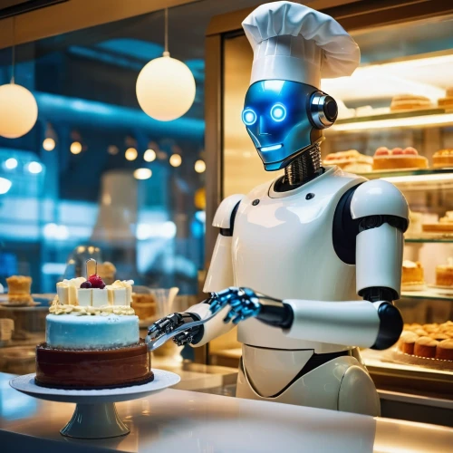 pastry chef,chef,r2d2,artificial intelligence,automation,droid,r2-d2,voice search,bot training,machine learning,industrial robot,c-3po,robotics,internet of things,droids,cookware and bakeware,robots,social bot,cake decorating,waiting staff,Illustration,Paper based,Paper Based 12