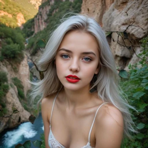 red lips,red lipstick,bylina,beautiful young woman,lycia,wallis day,rock beauty,white beauty,beautiful face,eurasian,the blonde in the river,tiber riven,white and red,cool blonde,blonde woman,pretty young woman,blonde girl,waterfall,pixie,natural color,Female,Eastern Europeans,Straight hair,Youth adult,M,Confidence,Underwear,Outdoor,Canyon