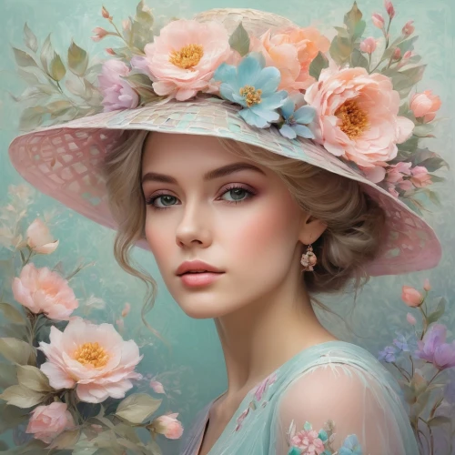 beautiful bonnet,flower hat,romantic portrait,girl in flowers,the hat of the woman,girl wearing hat,fantasy portrait,beautiful girl with flowers,woman's hat,flower girl,portrait background,spring crown,flower painting,peach rose,eglantine,splendor of flowers,vintage flowers,the hat-female,floral background,vintage floral,Art,Classical Oil Painting,Classical Oil Painting 18