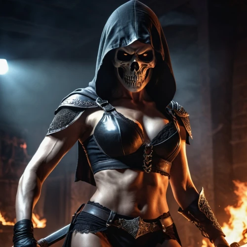 female warrior,huntress,raider,dark elf,hard woman,dance of death,warrior woman,male mask killer,death god,massively multiplayer online role-playing game,evil woman,assassin,crossbones,angel of death,swordswoman,hot metal,reaper,with the mask,iron mask hero,spartan