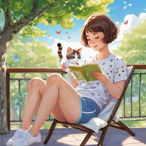 reading,little girl reading,relaxing reading,girl studying,cat's cafe,read a book,child with a book,summer day,love letter,author,studio ghibli,illustrator,mari makinami,readers,novel,bookworm,cat lovers,playing outdoors,girl with dog,game illustration,Illustration,Japanese style,Japanese Style 01