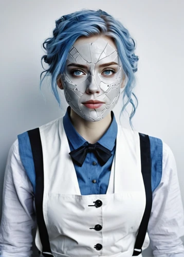 pierrot,mime artist,mime,silvery blue,blue hair,medical face mask,white walker,wearing face masks,blue and white porcelain,winterblueher,silver blue,bjork,the snow queen,face paint,bluejay,suit of the snow maiden,blue and white,blue white,cosplay image,porcelaine,Illustration,Paper based,Paper Based 20