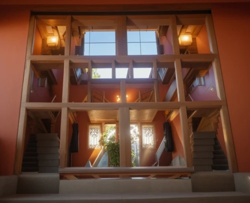 wooden windows,outside staircase,wood window,wooden beams,french windows,window frames,wooden stairs,3d rendering,winding staircase,staircase,opaque panes,lattice windows,block balcony,wooden stair railing,model house,the threshold of the house,circular staircase,3d render,stairwell,lattice window,Photography,General,Realistic