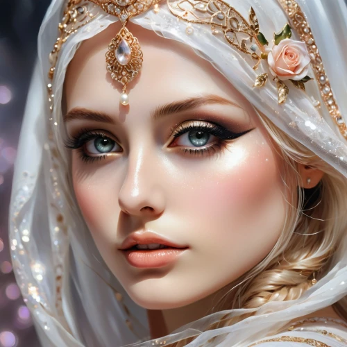 bridal accessory,fantasy portrait,jessamine,faery,white rose snow queen,bridal jewelry,fairy queen,the angel with the veronica veil,bride,bridal,fantasy art,sun bride,bridal clothing,white lady,faerie,the prophet mary,realdoll,princess crown,beauty face skin,mystical portrait of a girl,Conceptual Art,Oil color,Oil Color 03