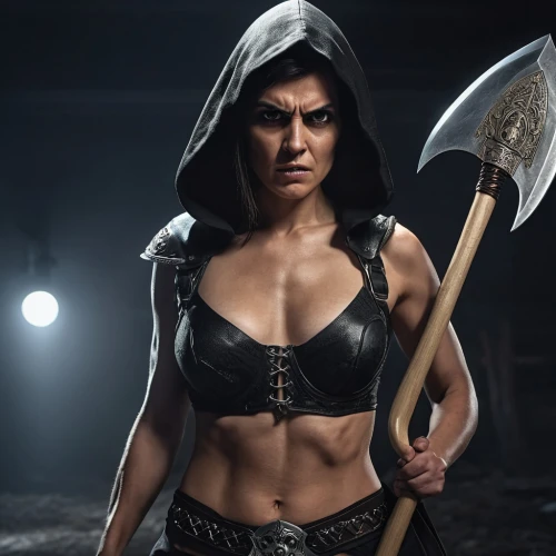 female warrior,huntress,hard woman,warrior woman,katana,swordswoman,catrina,cosplay image,strong woman,saw blade,axe,evil woman,killer,super heroine,muscle woman,eskrima,scythe,strong women,shredder,lisbeth sao,Photography,General,Realistic