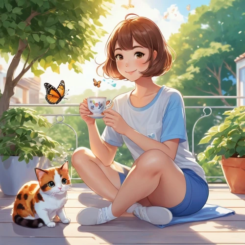 game illustration,coffee tea illustration,honmei choco,cat's cafe,cat drinking tea,vanessa (butterfly),chara,butterfly background,playing outdoors,holding cup,camera illustration,chasing butterflies,butterflies,calico cat,summer day,tea party cat,mobile game,cat mom,cg artwork,girl with cereal bowl,Illustration,Japanese style,Japanese Style 01