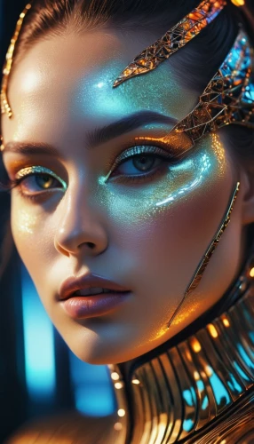 cleopatra,fantasy portrait,foil and gold,cosmetic,alien warrior,fantasy art,futuristic,golden eyes,luminous,golden mask,gold eyes,scifi,cyborg,aura,damselfly,3d fantasy,biomechanical,ancient egyptian girl,neon makeup,gold mask,Art,Classical Oil Painting,Classical Oil Painting 33