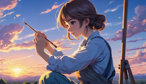 violet evergarden,girl studying,summer evening,setting sun,sunset,dusk background,illustrator,summer sky,sky,sunset glow,flower in sunset,the evening light,holding ipad,listening to music,blue sky,painting,euphonium,daybreak,in the evening,painting technique,Illustration,American Style,American Style 01