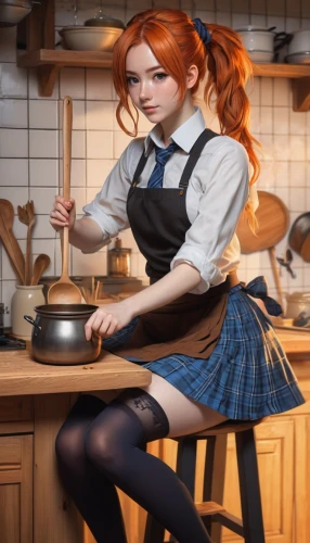 girl in the kitchen,knife kitchen,kitchen,red cooking,gingerbread maker,cinnamon girl,barista,doll kitchen,kitchen work,cooking book cover,red-haired,maci,waitress,redhead doll,copper cookware,nami,maid,vintage kitchen,barmaid,kitchen counter,Illustration,Realistic Fantasy,Realistic Fantasy 25
