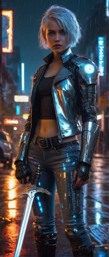 cyberpunk,monsoon banner,renegade,silver rain,birds of prey-night,katana,futuristic,femme fatale,merc,electro,aqua,cg artwork,x-men,in the rain,jacket,disco,concept art,walking in the rain,80s,game art,Conceptual Art,Oil color,Oil Color 12