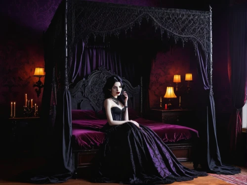 gothic dress,gothic fashion,gothic style,gothic portrait,gothic woman,dark gothic mood,four poster,gothic,four-poster,queen of the night,mourning swan,miss circassian,vampire woman,fairytales,dark purple,vampire lady,swath,fairy tales,victorian style,black velvet,Conceptual Art,Oil color,Oil Color 07