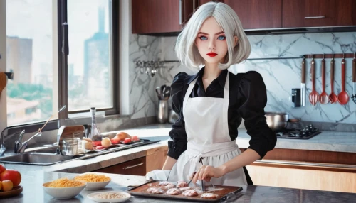 girl in the kitchen,housewife,domestic,doll kitchen,food preparation,food and cooking,food styling,cooking book cover,domestic life,cruella de ville,cruella,mess in the kitchen,knife kitchen,cooking show,homemaker,kitchen appliance accessory,kitchen appliance,modern kitchen,kitchen knife,cooking,Conceptual Art,Sci-Fi,Sci-Fi 13