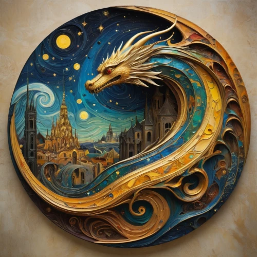 fantasy art,painted dragon,fairy tale icons,the zodiac sign pisces,dragon,astrological sign,dragon design,wyrm,zodiac sign libra,dragons,dragon li,gryphon,golden dragon,wall plate,decorative plate,planisphere,fantasy picture,chinese dragon,horoscope pisces,unicorn art,Art,Classical Oil Painting,Classical Oil Painting 17