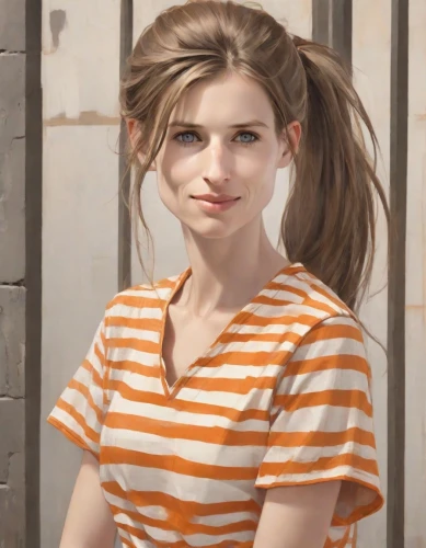 portrait background,striped background,girl portrait,portrait of a girl,vanessa (butterfly),clementine,horizontal stripes,polo shirt,girl in t-shirt,a girl's smile,young woman,cinnamon girl,pigtail,ponytail,girl studying,girl with speech bubble,digital painting,the girl's face,orange,girl in a long,Digital Art,Classicism