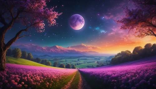 purple landscape,fantasy landscape,fantasy picture,landscape background,the mystical path,fairy galaxy,purple moon,dream world,beautiful landscape,fairy world,purple and pink,dreamland,fantasy art,nature landscape,wonderland,valley of the moon,purple,alien planet,wall,pathway,Photography,General,Fantasy