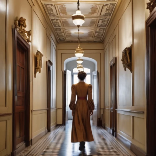 woman walking,hallway,the victorian era,jane austen,girl walking away,girl in a historic way,doll's house,orsay,suffragette,corridor,downton abbey,thoroughfare,girl in a long dress from the back,victorian,victorian style,passepartout,queen anne,woman in menswear,the girl at the station,tilda