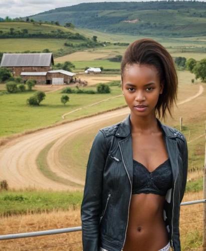 farm girl,ebony,ethiopian girl,farm background,rwanda,countrygirl,country-side,south african,african woman,tanzania,maria bayo,black models,farmland,black woman,leather jacket,kenya,angolans,african,hosana,black skin,Female,East Africans,Straight hair,Youth adult,M,Confidence,Underwear,Outdoor,Countryside