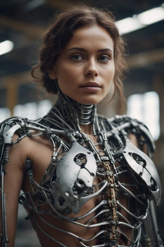 cyborg,women in technology,cybernetics,exoskeleton,biomechanical,ai,artificial intelligence,metal implants,harnessed,artificial hair integrations,sprint woman,aluminum,chainlink,cyberpunk,chrome steel,mechanical,endoskeleton,robotics,automation,wearables,Photography,General,Cinematic