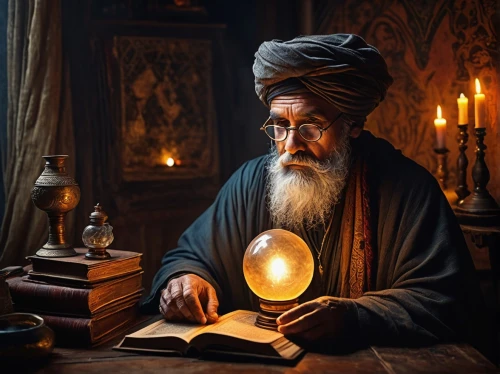 middle eastern monk,persian poet,fortune teller,scholar,indian monk,fortune telling,islamic lamps,ibn tulun,reading magnifying glass,candlemaker,rabbi,archimandrite,koran,quran,crystal ball-photography,prayer book,watchmaker,magic book,sikh,monk,Art,Artistic Painting,Artistic Painting 49