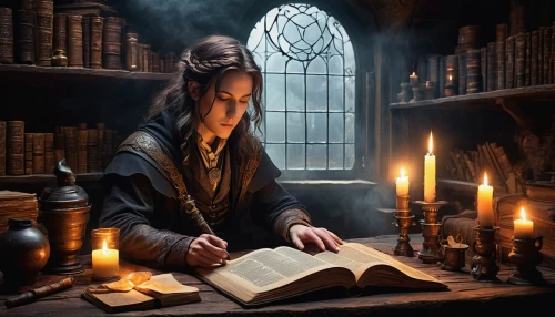 candlemaker,scholar,apothecary,divination,magic book,clockmaker,magic grimoire,watchmaker,gothic portrait,prayer book,wizard,fantasy art,fantasy picture,librarian,tutor,hymn book,spell,bookworm,jrr tolkien,potions,Illustration,Black and White,Black and White 09