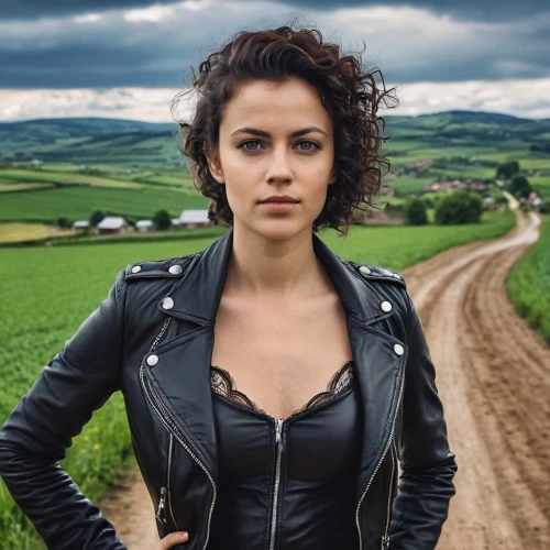 leather jacket,farm girl,eva,croft,wallis day,british actress,lena,irish,brie,female doctor,farmer,georgia,renegade,leather,east-european shepherd,farm background,catarina,strong woman,biker,bolero jacket,Photography,General,Realistic